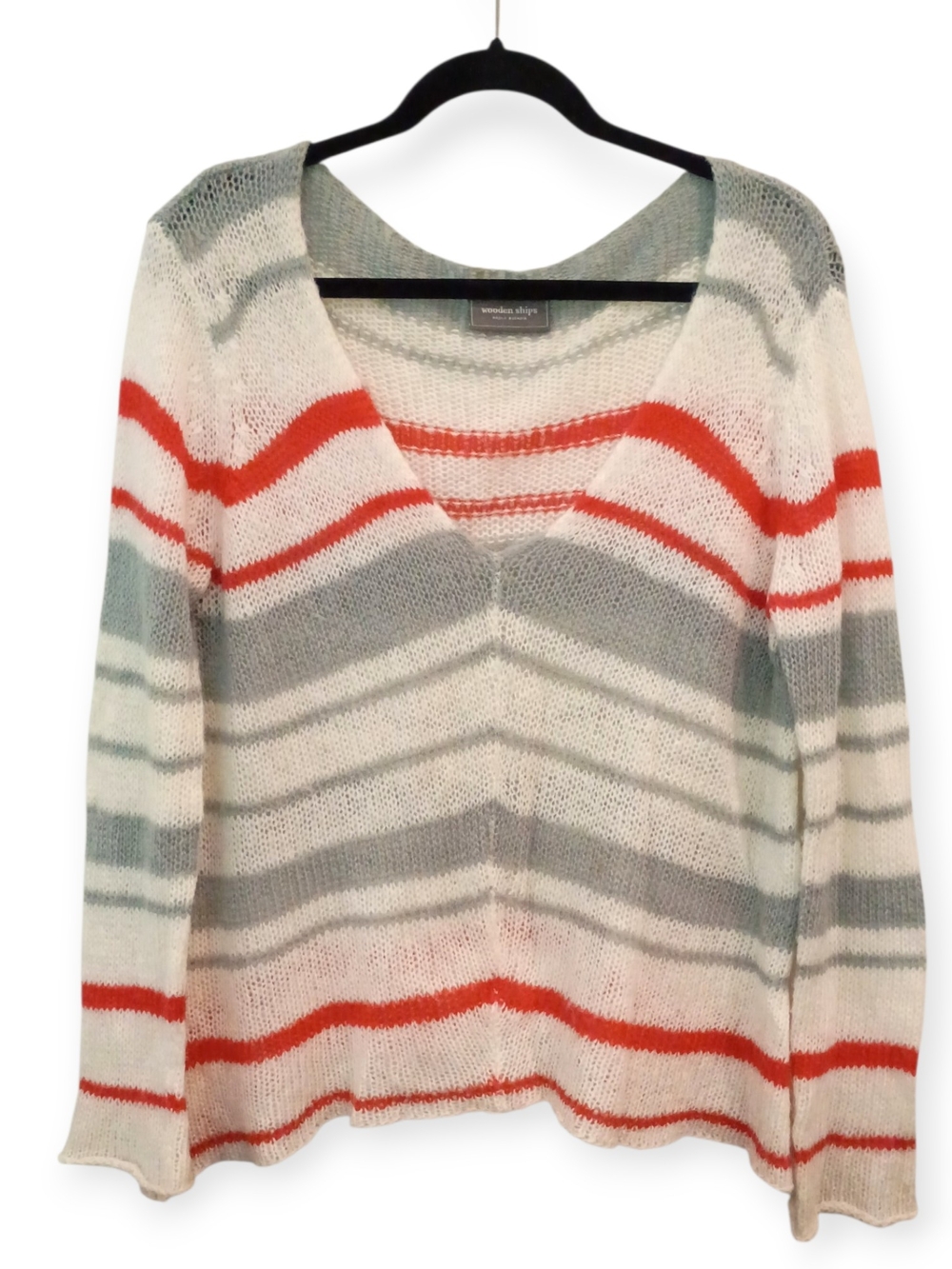 Wooden ships ||  Cream V-Neck Striped Sweater with Gray & Red Bands Sz. S/M